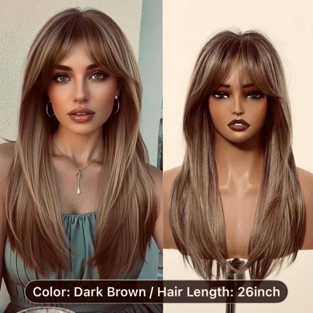 26-inch Long Brown Women's Wig with Bangs.